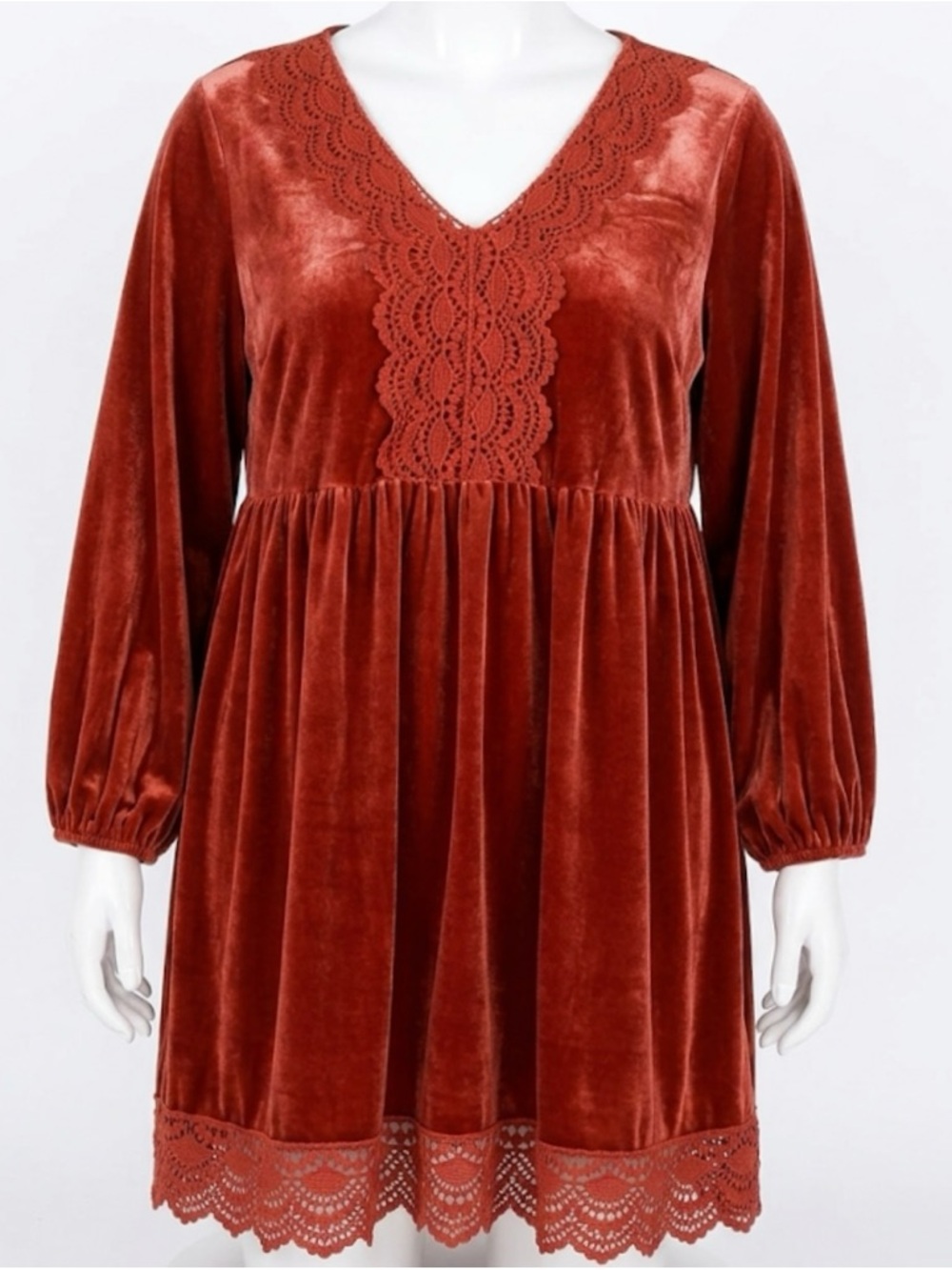 RUSTTYDUSTTY Rust Velvet Lace-Trim VNeck Min Babydoll Bohemian Dress Long Sleeve